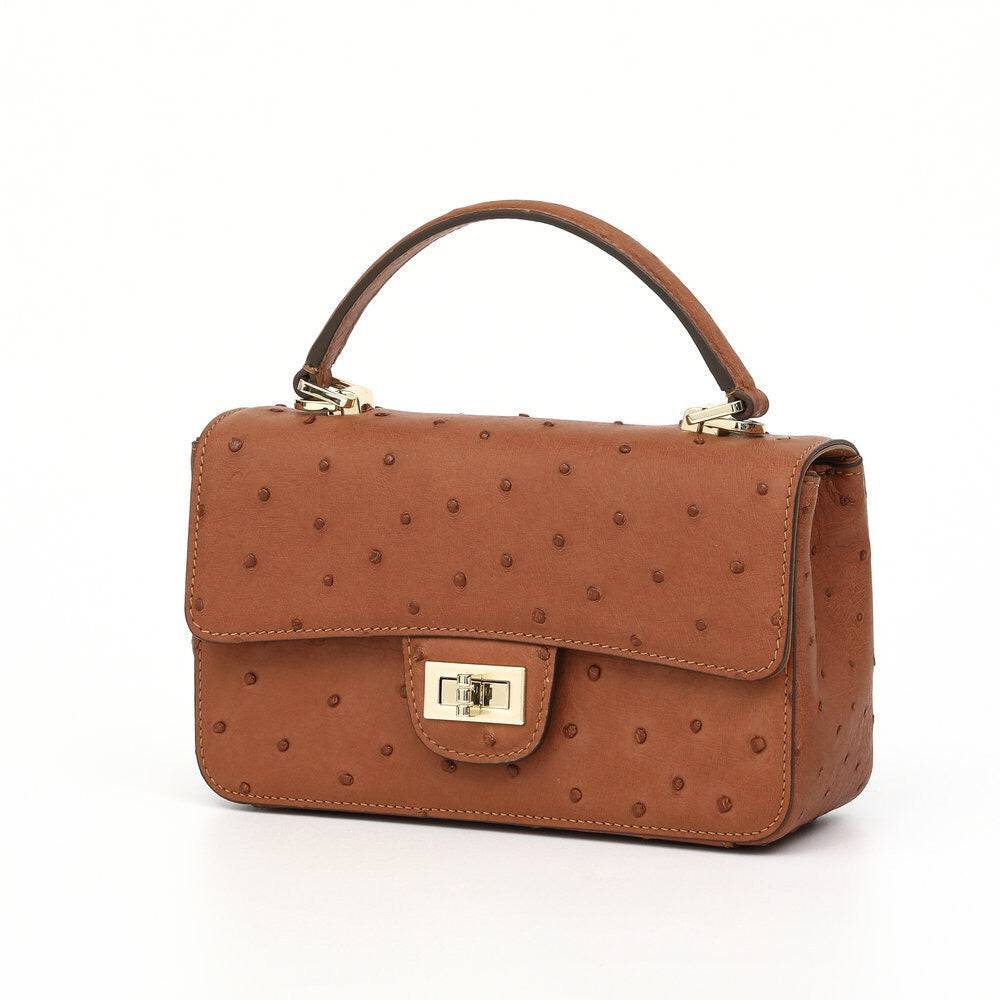 Womens Ostrich Leather Mini Flap Chain Bag Top Handle Cross Body Handbag