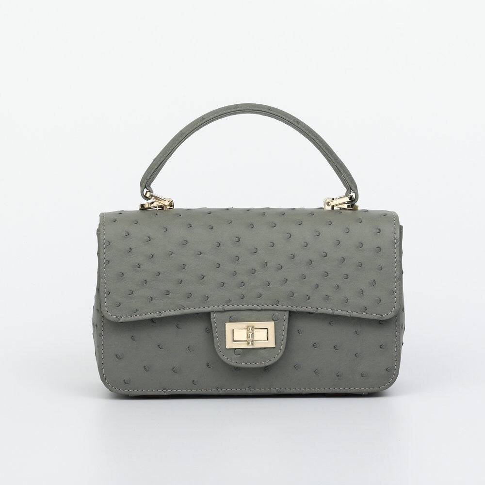 Womens Ostrich Leather Mini Flap Chain Bag Top Handle Cross Body Handbag