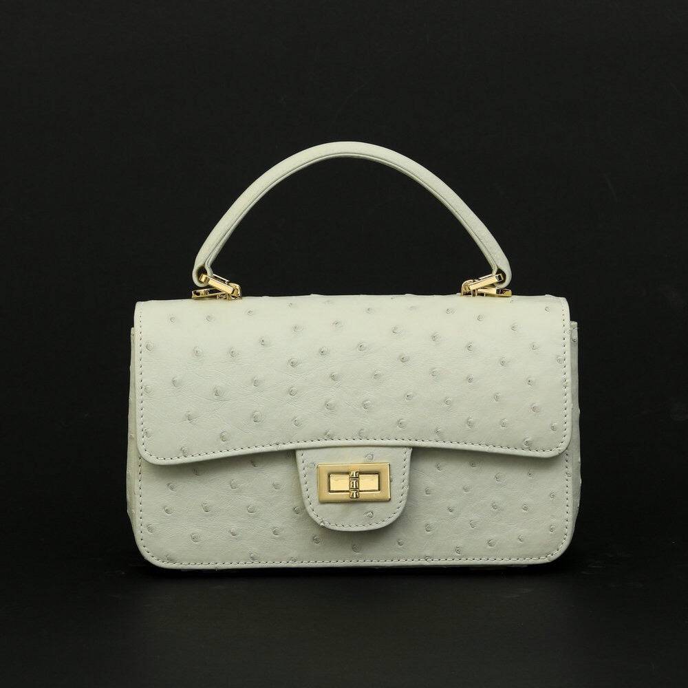 Womens Ostrich Leather Mini Flap Chain Bag Top Handle Cross Body Handbag