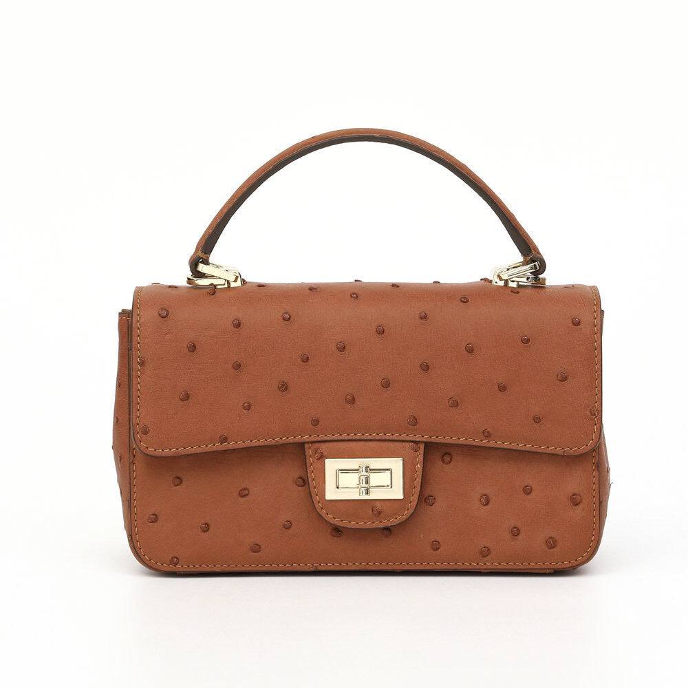 Womens Ostrich Leather Mini Flap Chain Bag Top Handle Cross Body Handbag