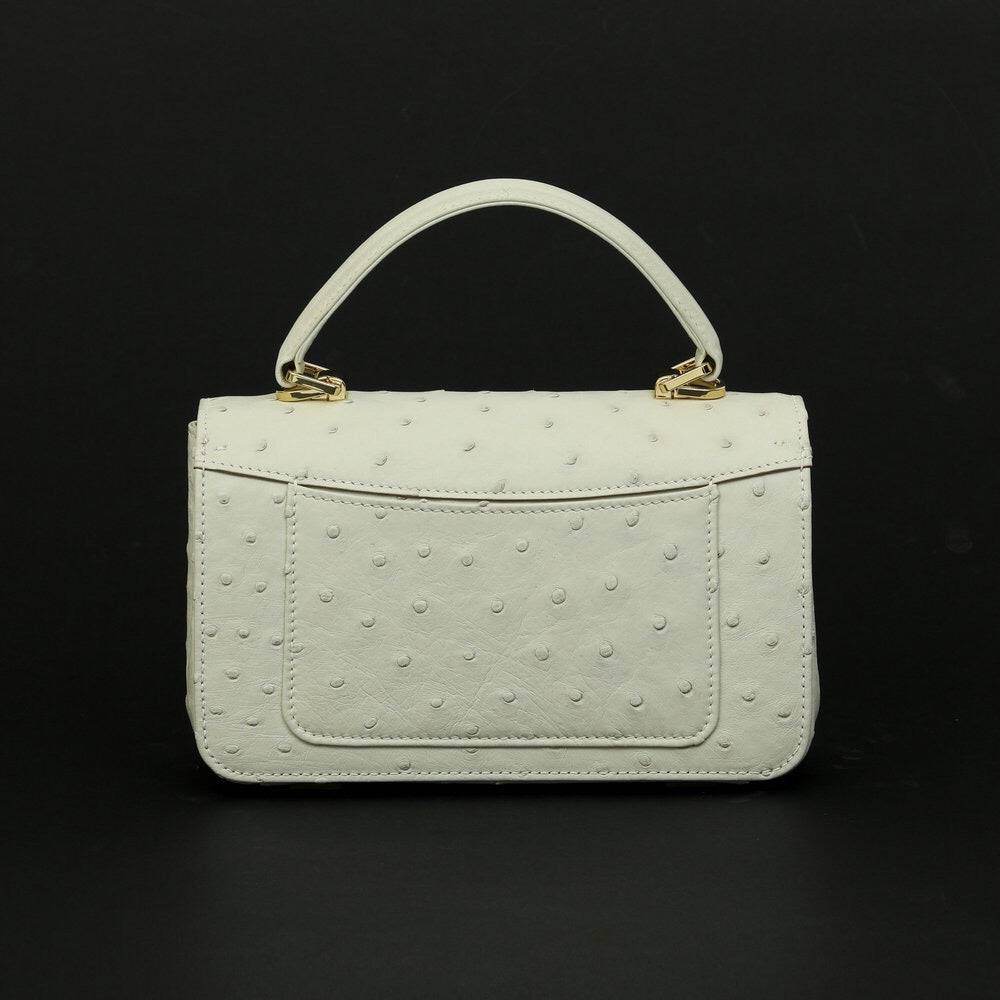 Womens Ostrich Leather Mini Flap Chain Bag Top Handle Cross Body Handbag