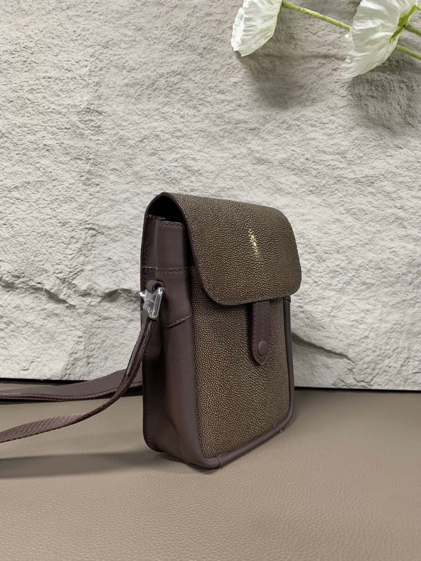 Unisex Stingray Skin Leather Crossbody Phone Bag
