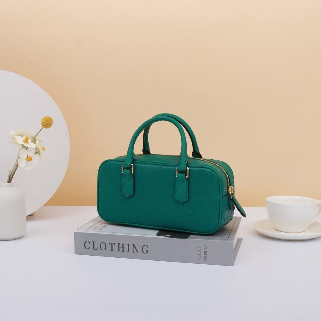 Genuine Ostrich Skin Leather Mini Top Handle Bowler Bag
