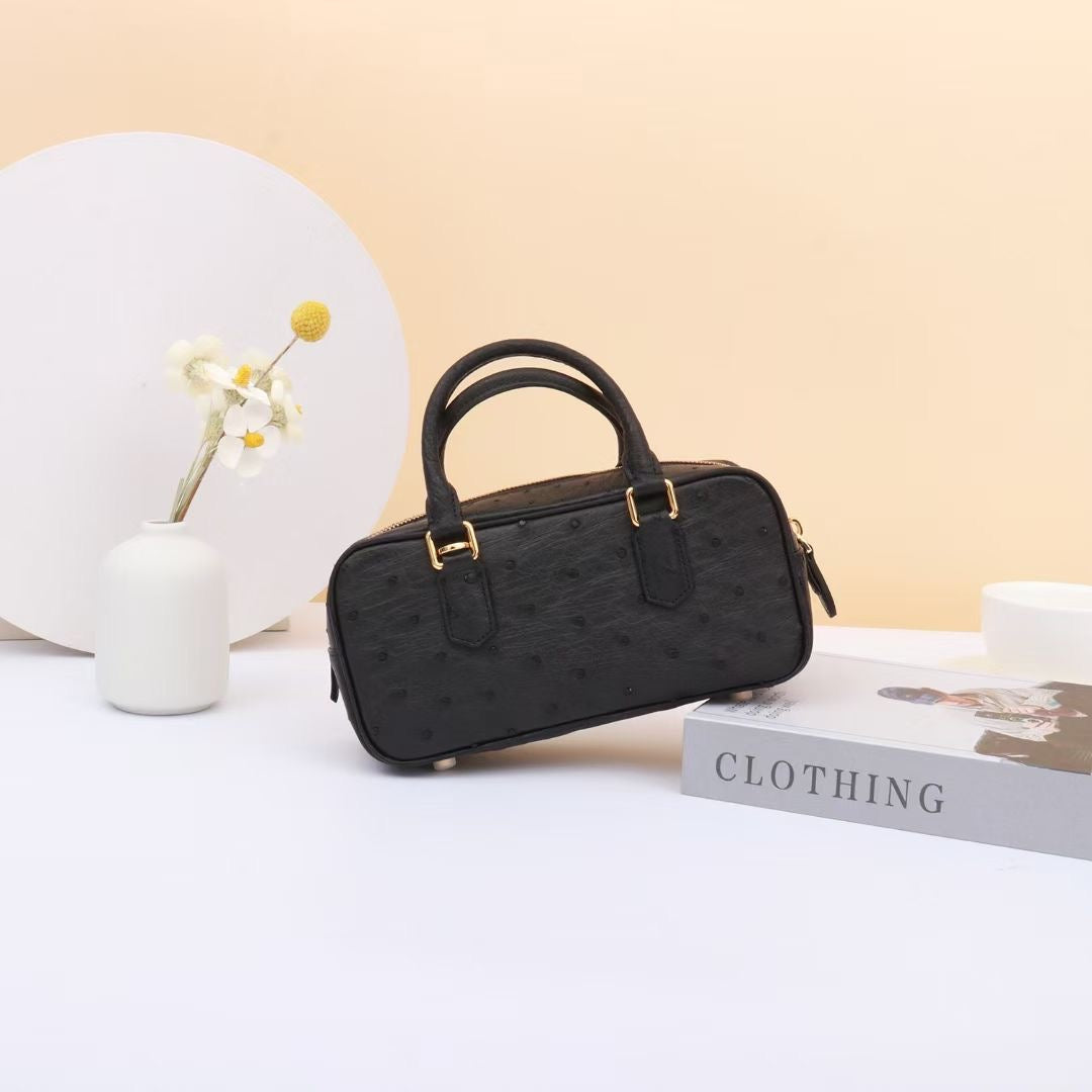 Genuine Ostrich Skin Leather Mini Top Handle Bowler Bag