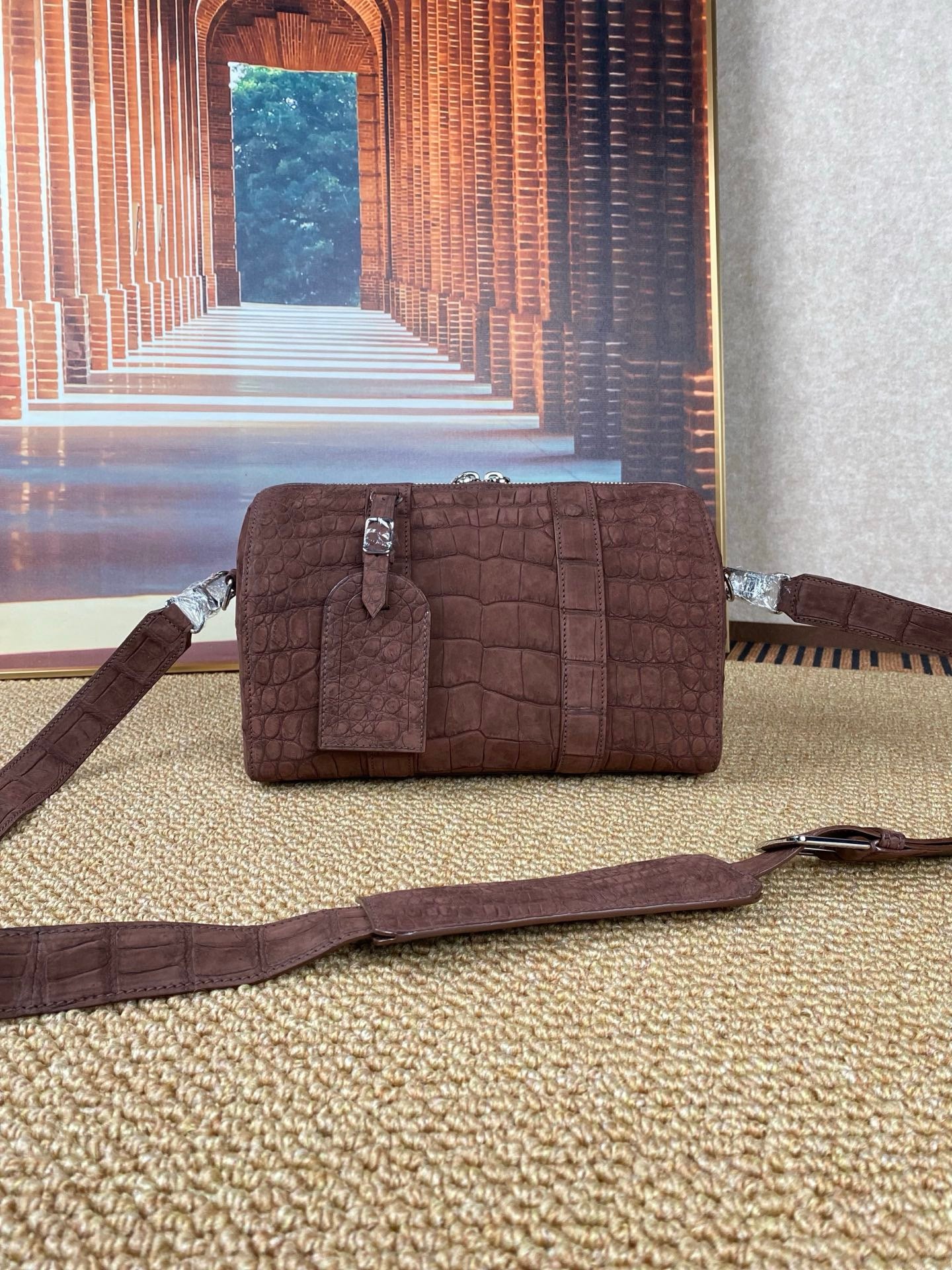 Men's Nubuck Crocodile Leather Crossbody Bag Brown