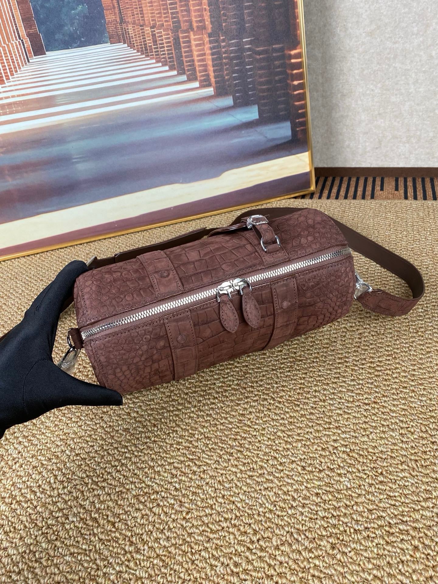 Men's Nubuck Crocodile Leather Crossbody Bag Brown