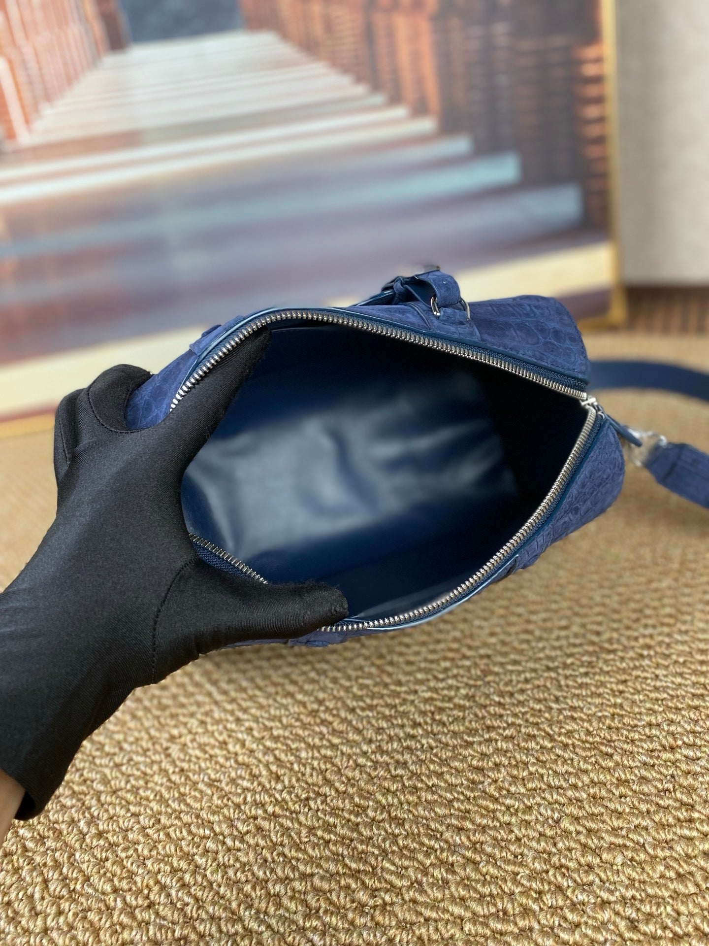 Men's Nubuck Crocodile Leather Crossbody Bag Blue