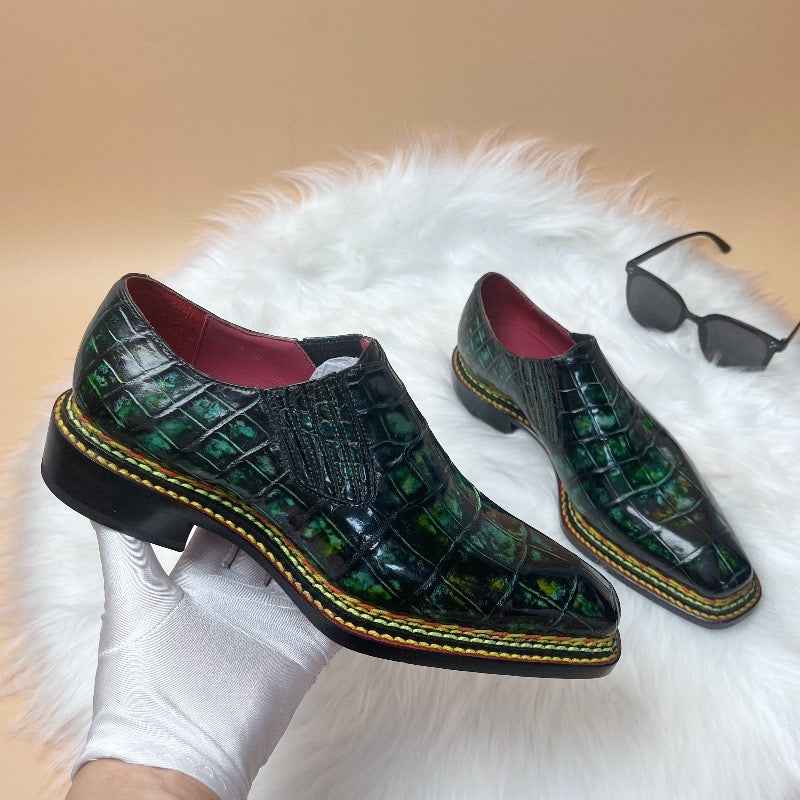 Crocodile Shoes, Men's Vintage Green Norwegian Slip-On Loafer Shoes