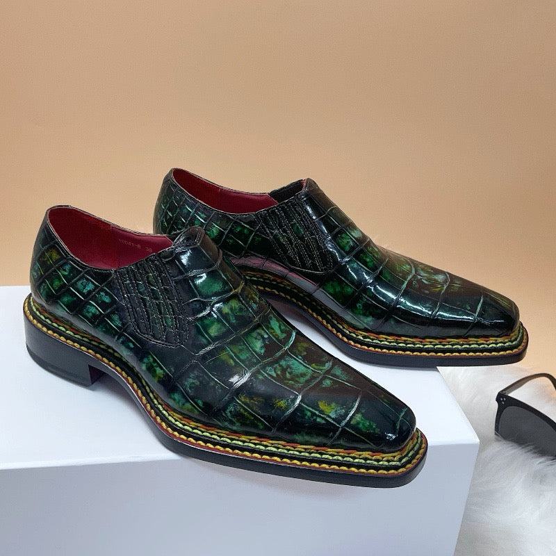 Crocodile Shoes, Men's Vintage Green Norwegian Slip-On Loafer Shoes