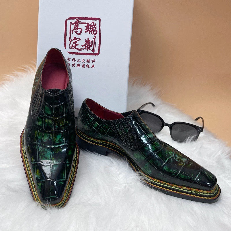 Crocodile Shoes, Men's Vintage Green Norwegian Slip-On Loafer Shoes