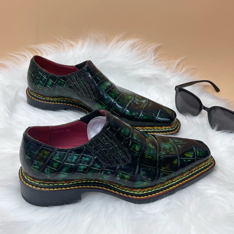 Crocodile Shoes, Men's Vintage Green Norwegian Slip-On Loafer Shoes