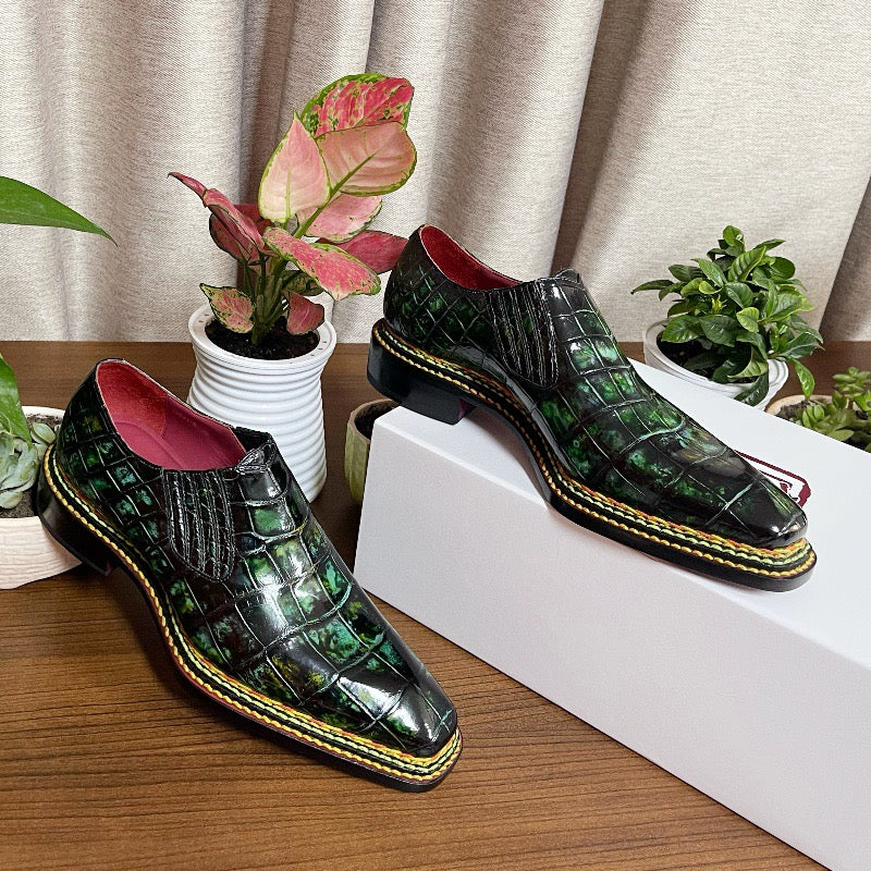 Crocodile Shoes, Men's Vintage Green Norwegian Slip-On Loafer Shoes