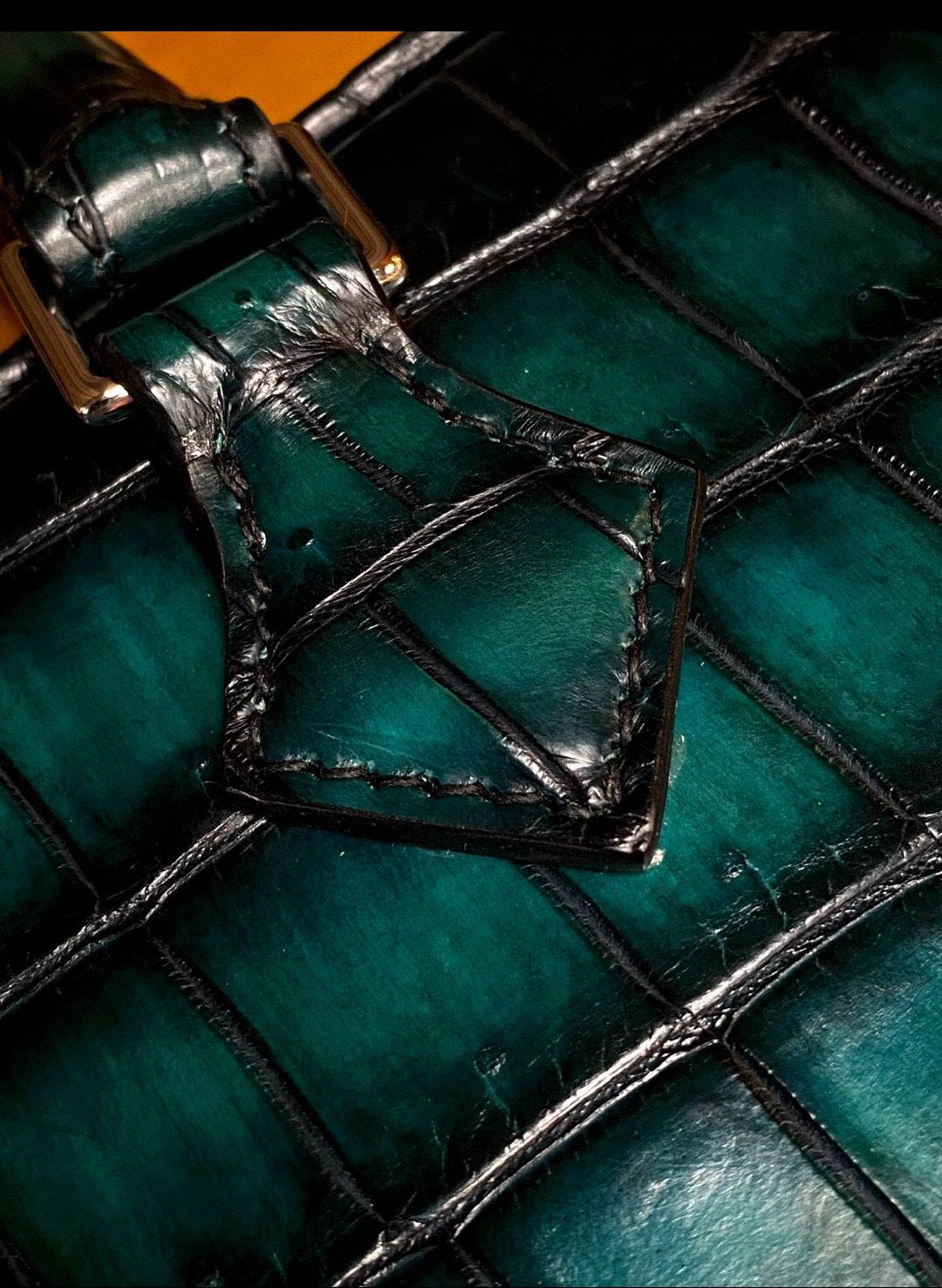 Genuine Crocodile Leather Top Handle Bag Vintage Green