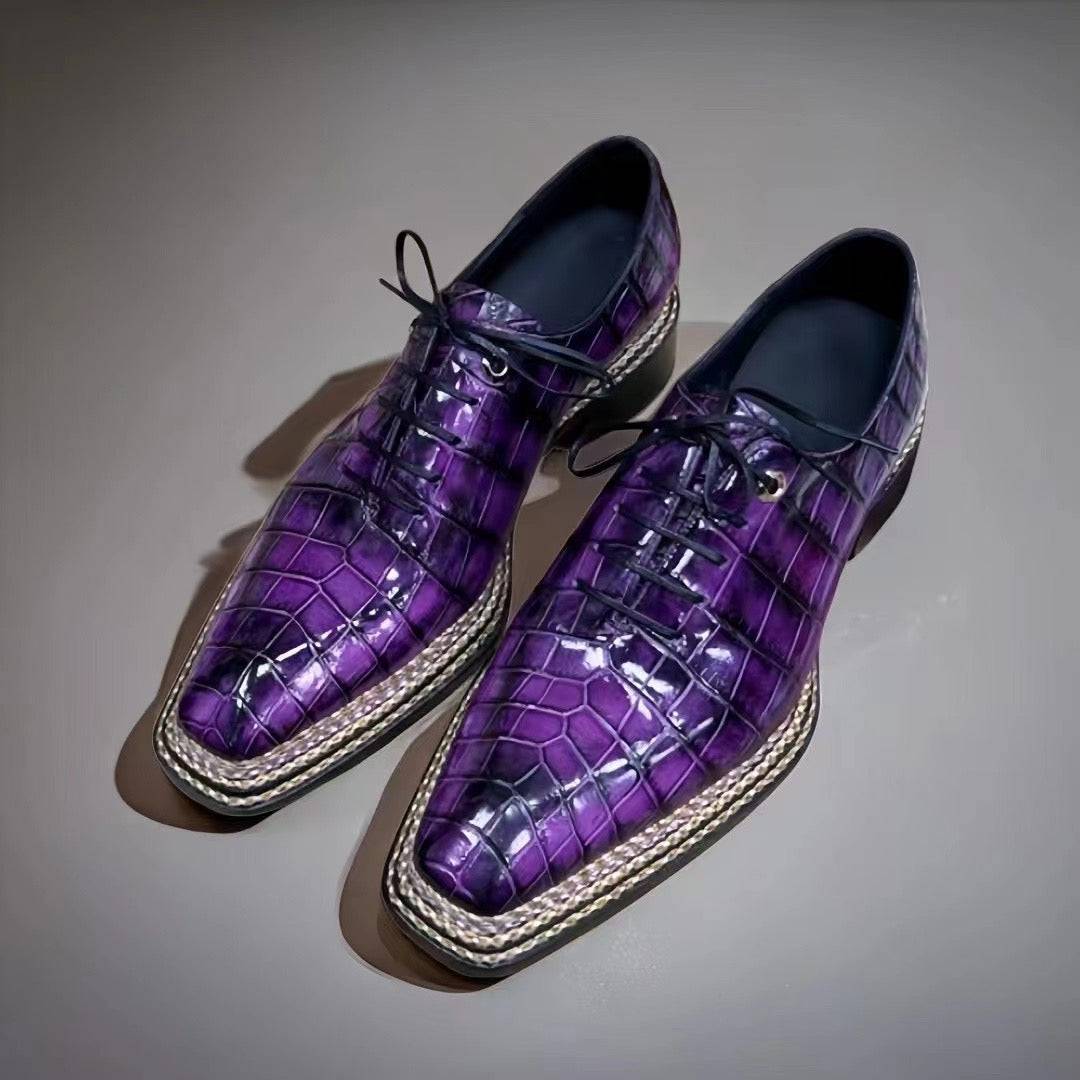Crocodile Leather Norwegian Nine-Line Sewn Goodyear Fiddleback Sole Lace Up Dress Shoes Vintage Fuchsia