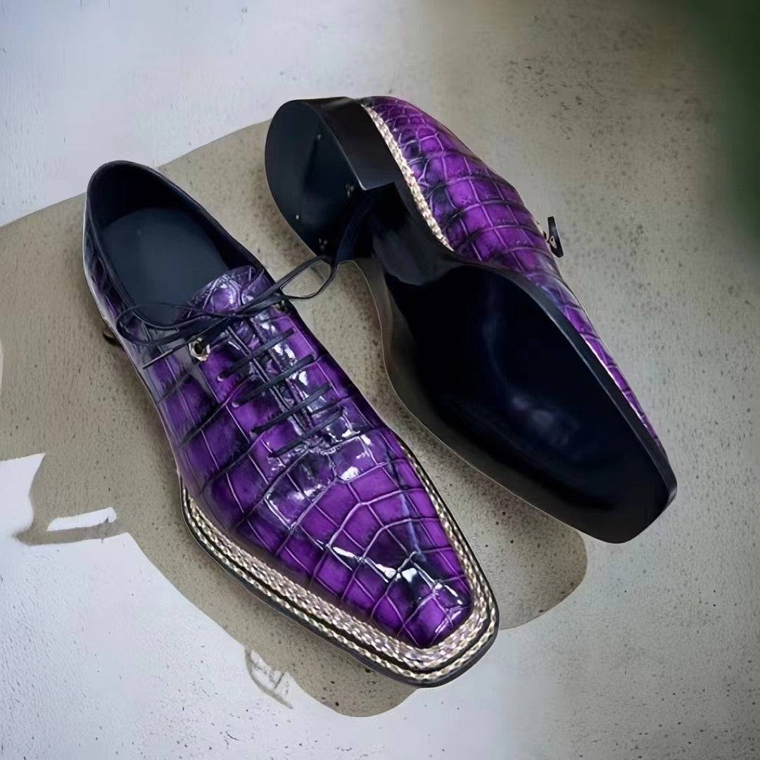 Crocodile Leather Norwegian Nine-Line Sewn Goodyear Fiddleback Sole Lace Up Dress Shoes Vintage Fuchsia