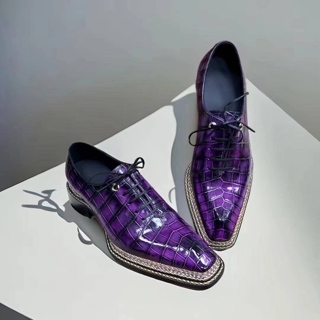 Crocodile Leather Norwegian Nine-Line Sewn Goodyear Fiddleback Sole Lace Up Dress Shoes Vintage Fuchsia