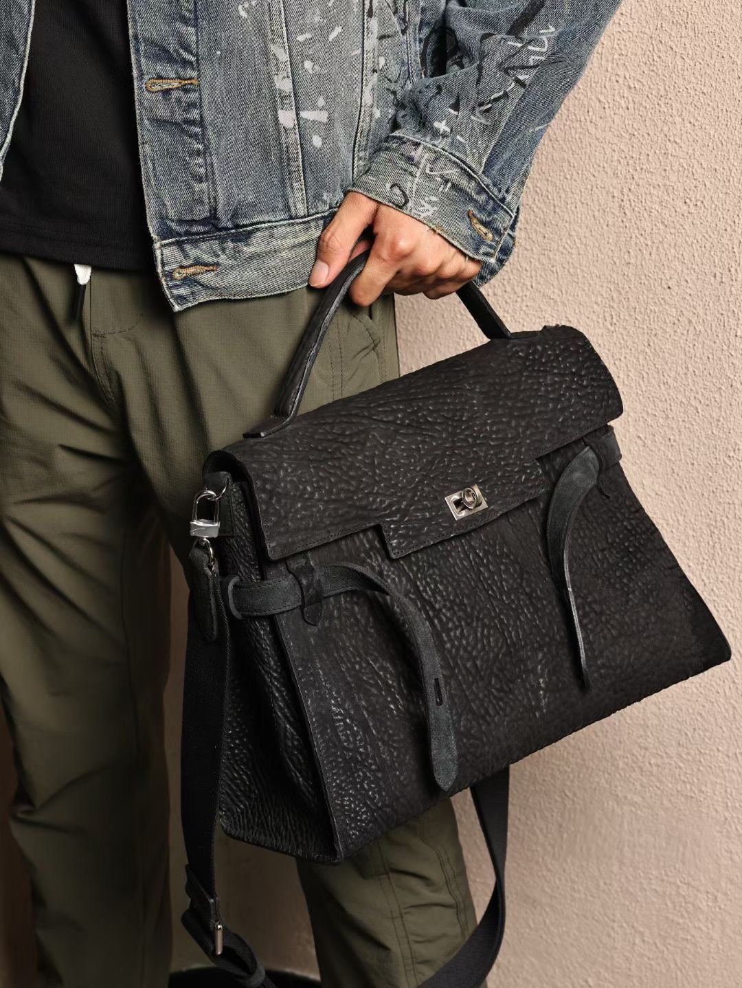 Genine Washed Cordovan Leather Top Handle Briefcase Bag