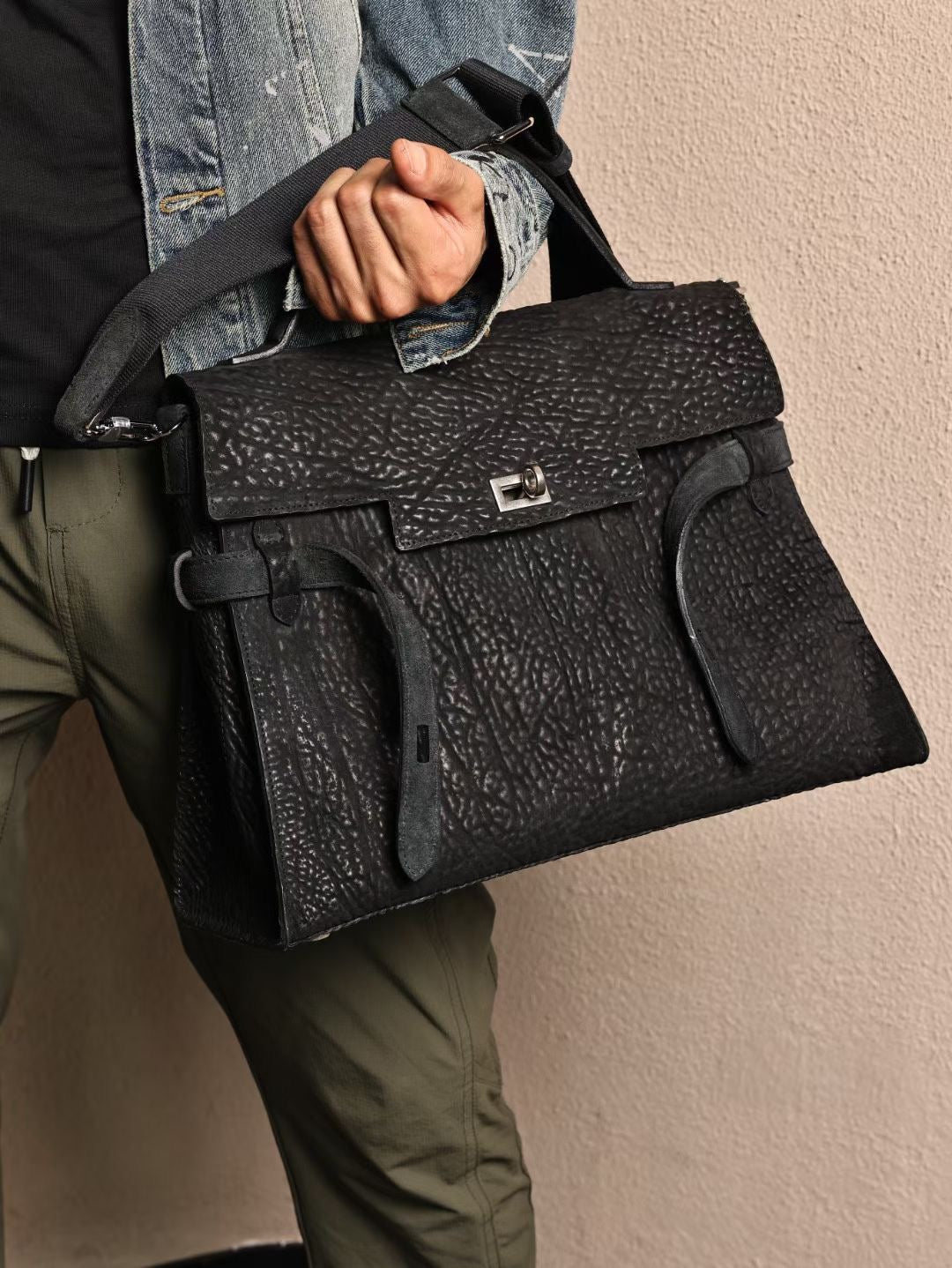 Genine Washed Cordovan Leather Top Handle Briefcase Bag