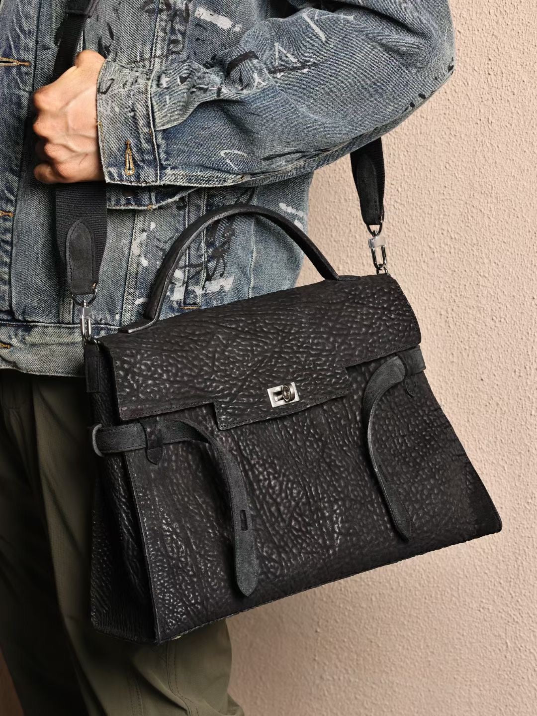 Genine Washed Cordovan Leather Top Handle Briefcase Bag