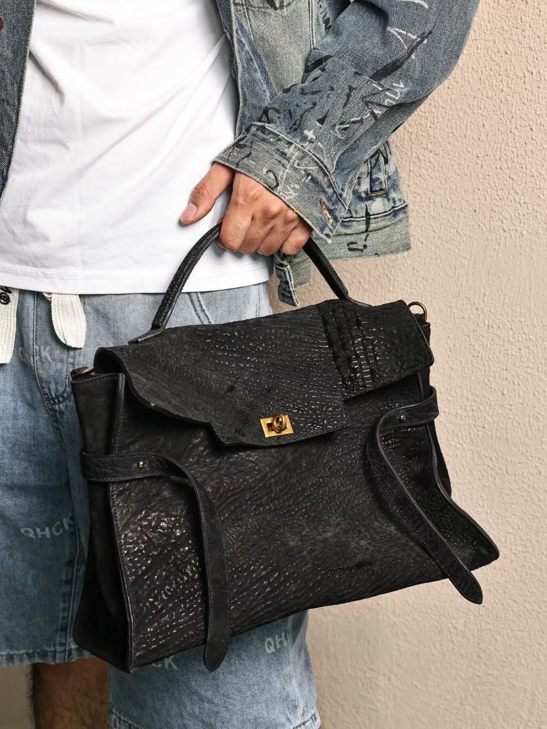 Genine Washed Cordovan Leather Top Handle Briefcase Bag