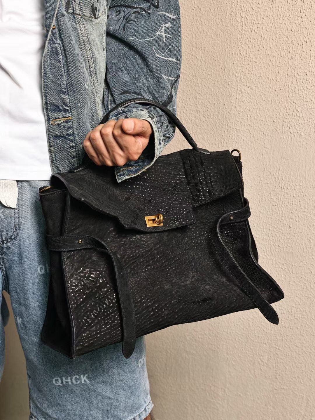 Genine Washed Cordovan Leather Top Handle Briefcase Bag