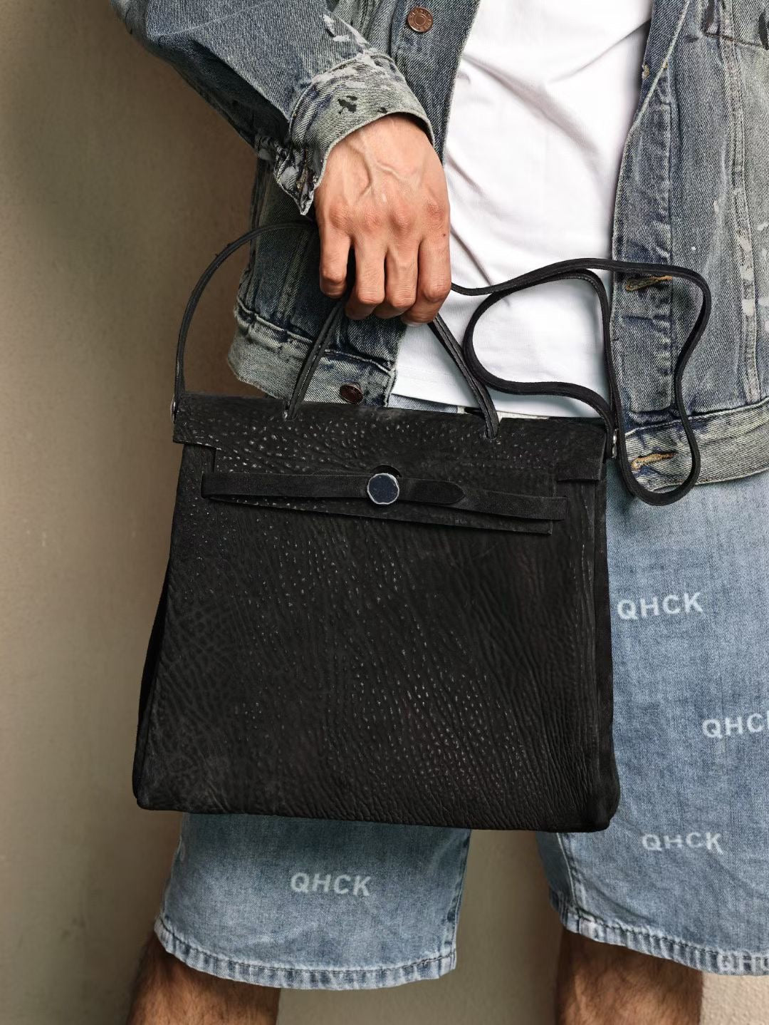 Genine Washed Cordovan Leather Briefcase Bag Black