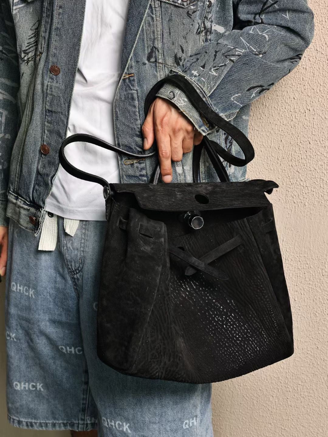 Genine Washed Cordovan Leather Briefcase Bag Black