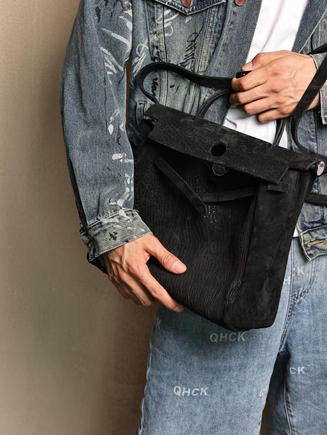 Genine Washed Cordovan Leather Briefcase Bag Black