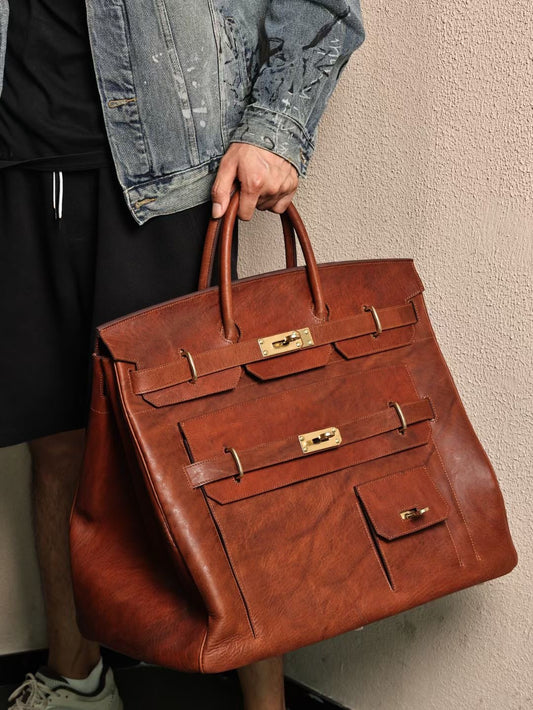 Genine Washed Vintage Cordovan Leather Extra Large Super Big Bag, Jumbo Storage Padlock Business Handbags Office Business Travel Bags