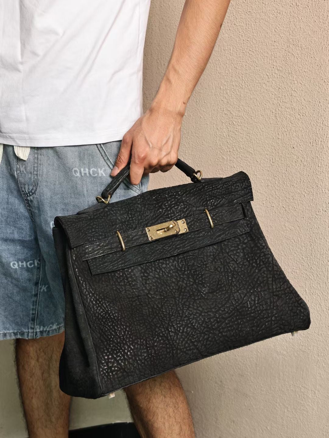 Genine Washed Vitnage Cordovan Leather Top Handle Satchel Bag Gold & Black