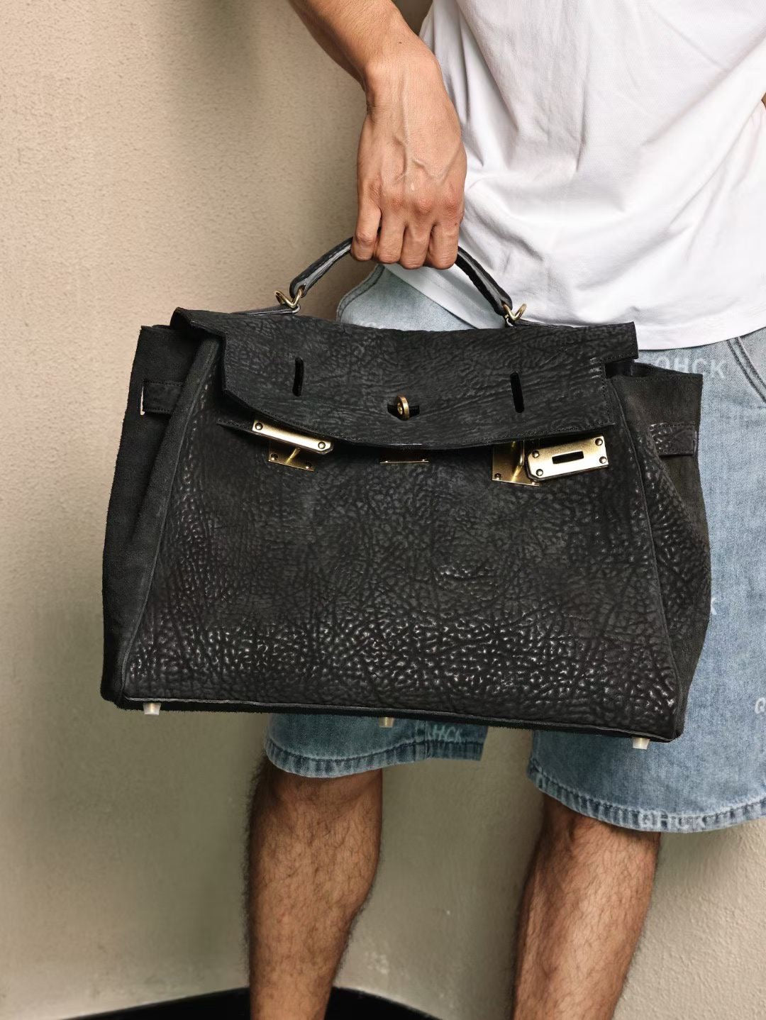 Genine Washed Vitnage Cordovan Leather Top Handle Satchel Bag Gold & Black