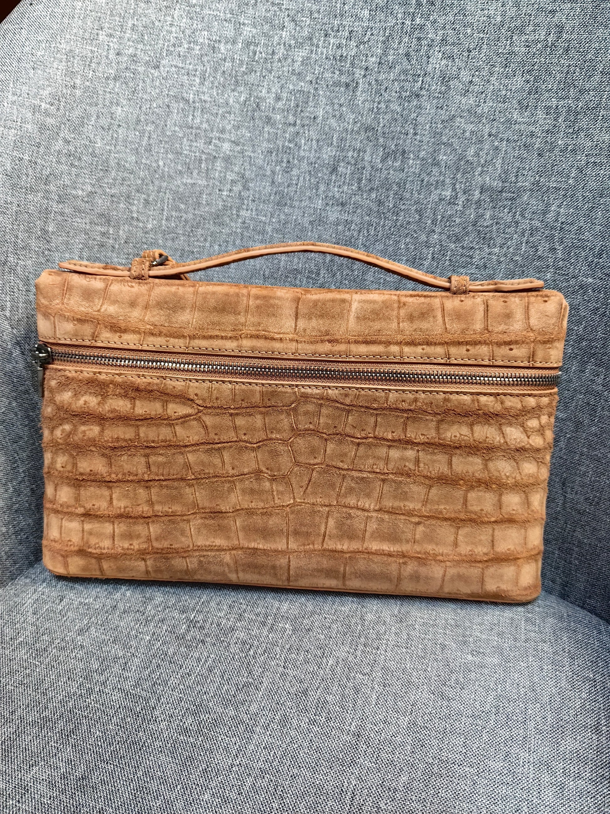 Unisex Nubuck Genuine Crocodile Skin Leather Zipper Handle Clutch Bag