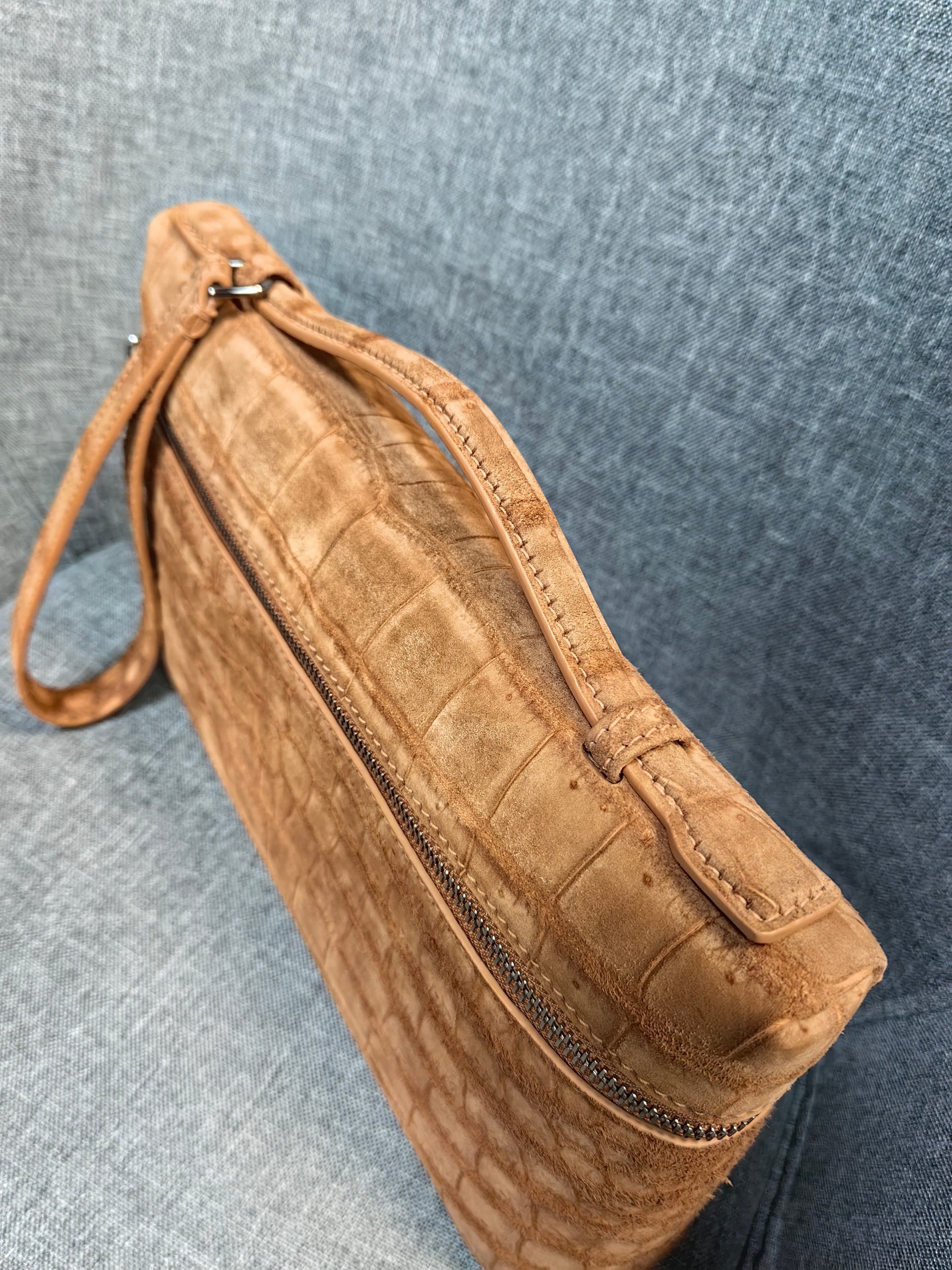 Unisex Nubuck Genuine Crocodile Skin Leather Zipper Handle Clutch Bag