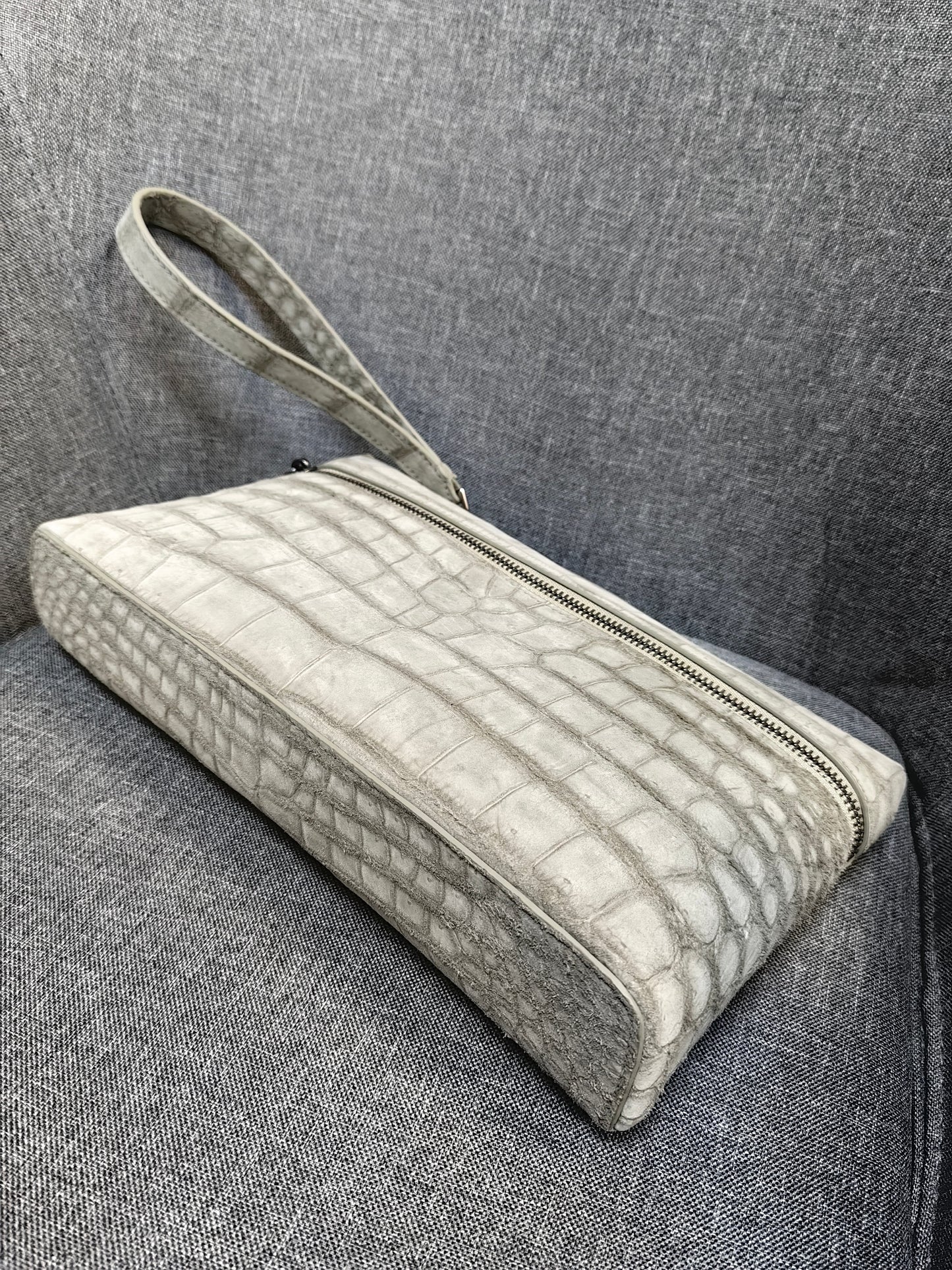 Preorder Unisex Nubuck Genuine Crocodile Skin Leather Zipper Handle Clutch Bag Beige