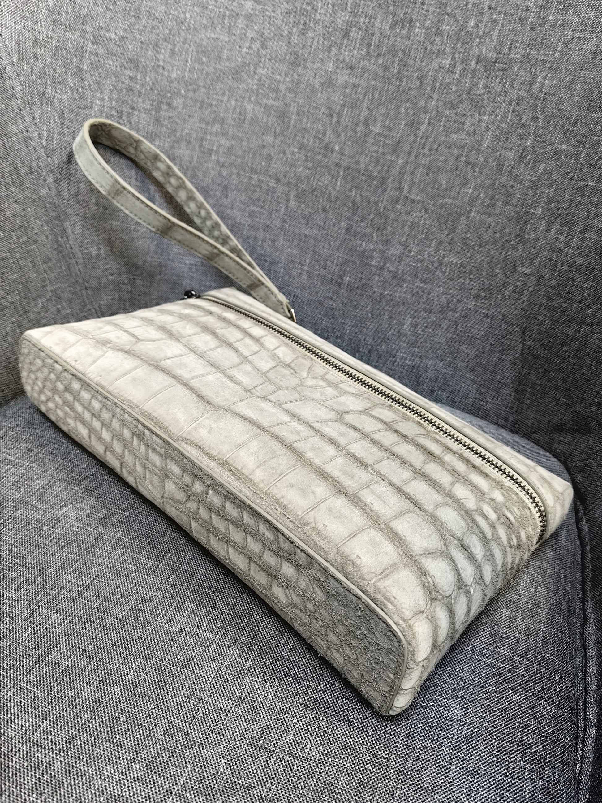 Preorder Unisex Nubuck Genuine Crocodile Skin Leather Zipper Handle Clutch Bag Beige