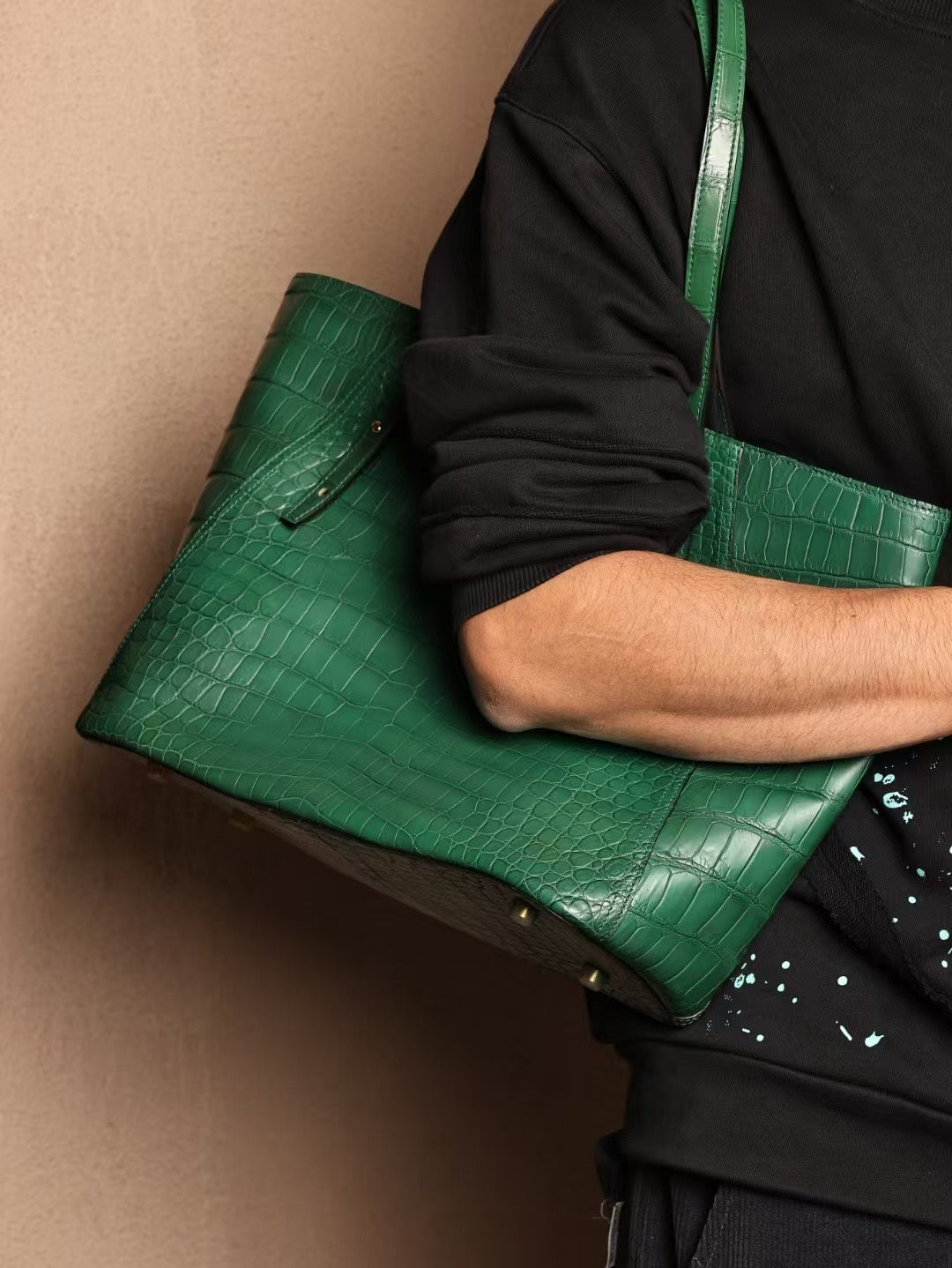 Unisex Genuine Crocodile Skin Leather Large Tote Shoulder Bag