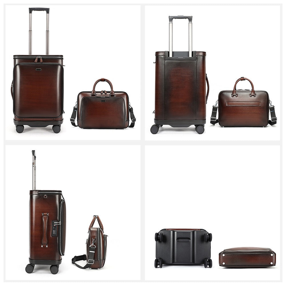 Unisex Vintage Genuine Calfskin Leather Check-In Carry On Universal Wheel 20 Inch Travelling Trolley Luggage Business Trolley Bag With Briefcase