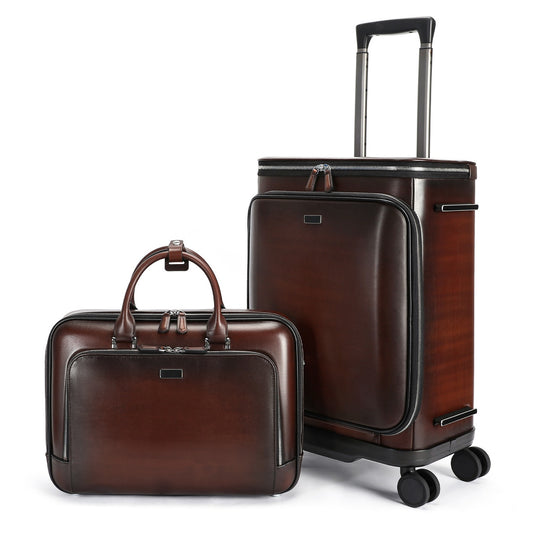 Unisex Vintage Genuine Calfskin Leather Check-In Carry On Universal Wheel 20 Inch Travelling Trolley Luggage Business Trolley Bag With Briefcase
