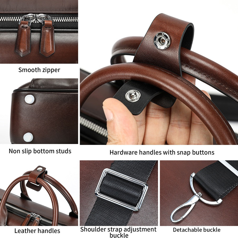 Unisex Vintage Genuine Calfskin Leather Check-In Carry On Universal Wheel 20 Inch Travelling Trolley Luggage Business Trolley Bag With Briefcase