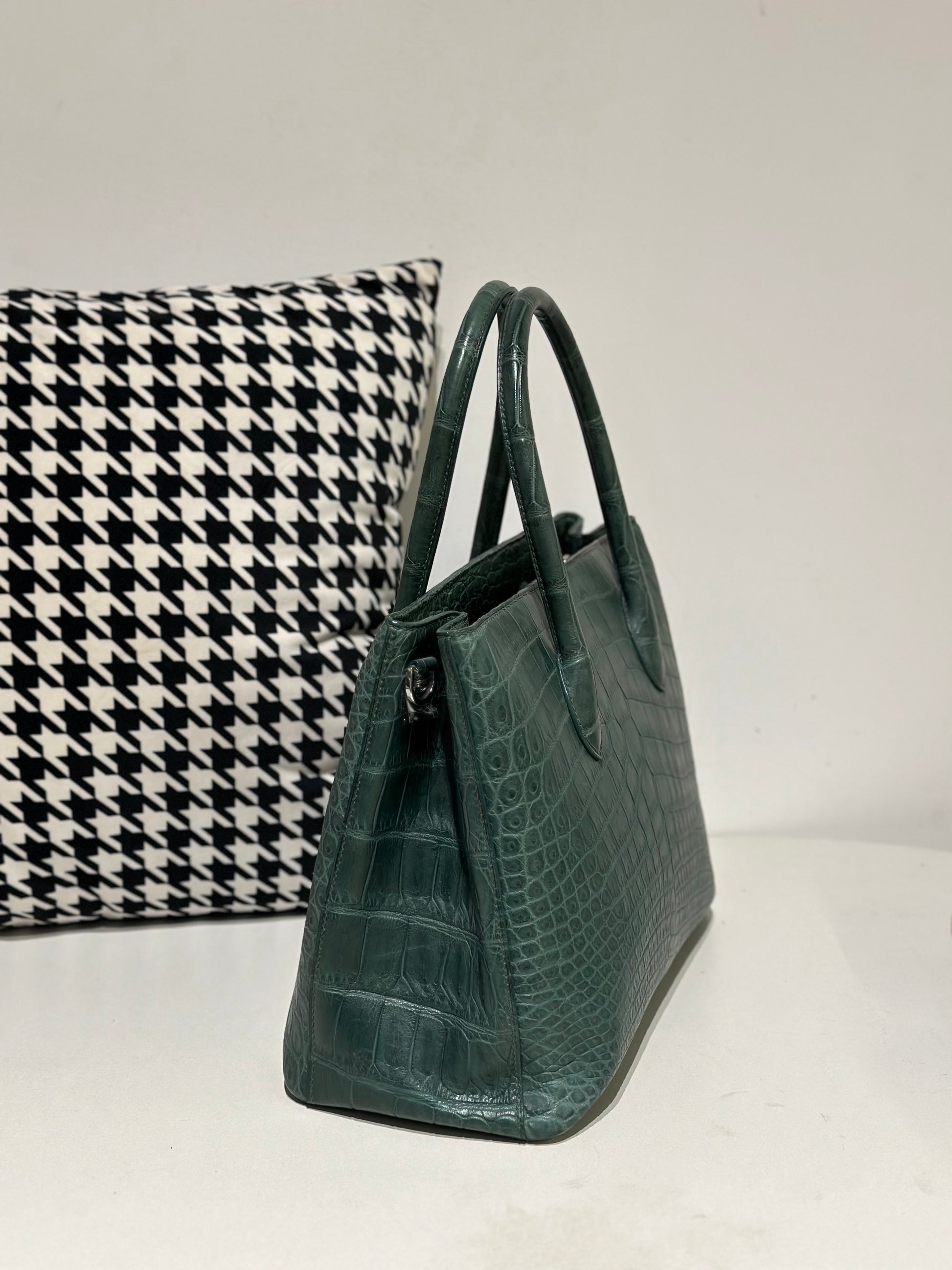 Crocodile Leather Top Handle Bag Dark Green