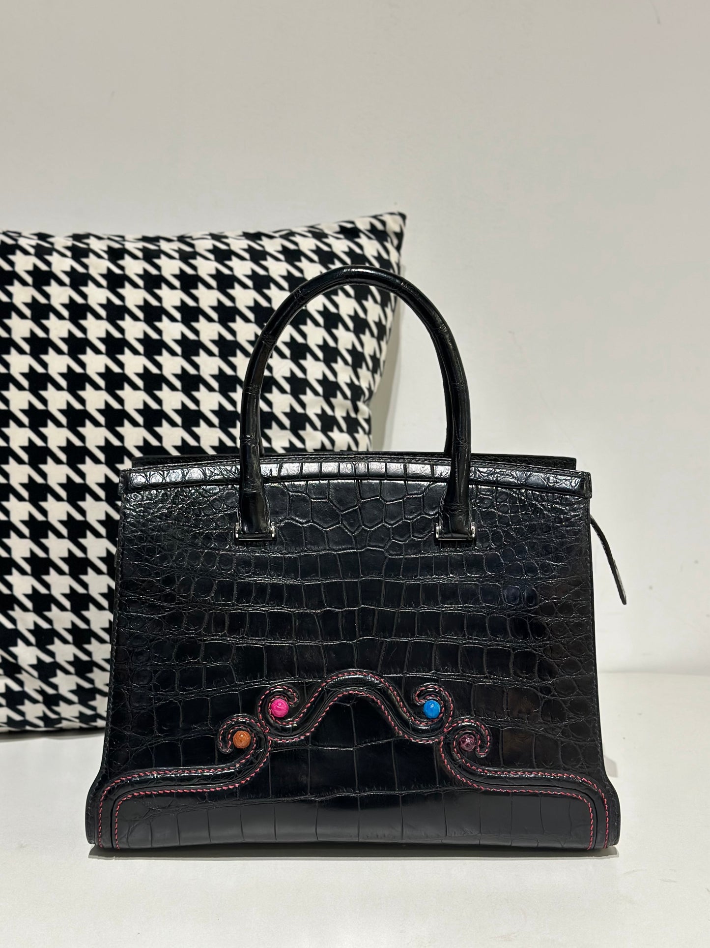 Crocodile Leather Top Handle Bag Black