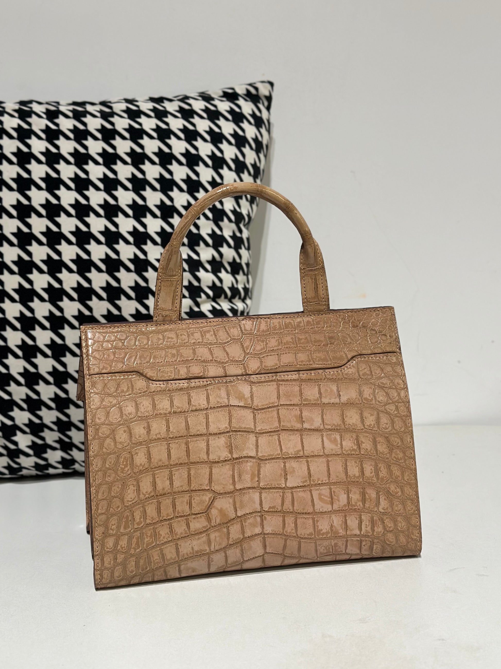 Crocodile Leather Top Handle Bag Beige