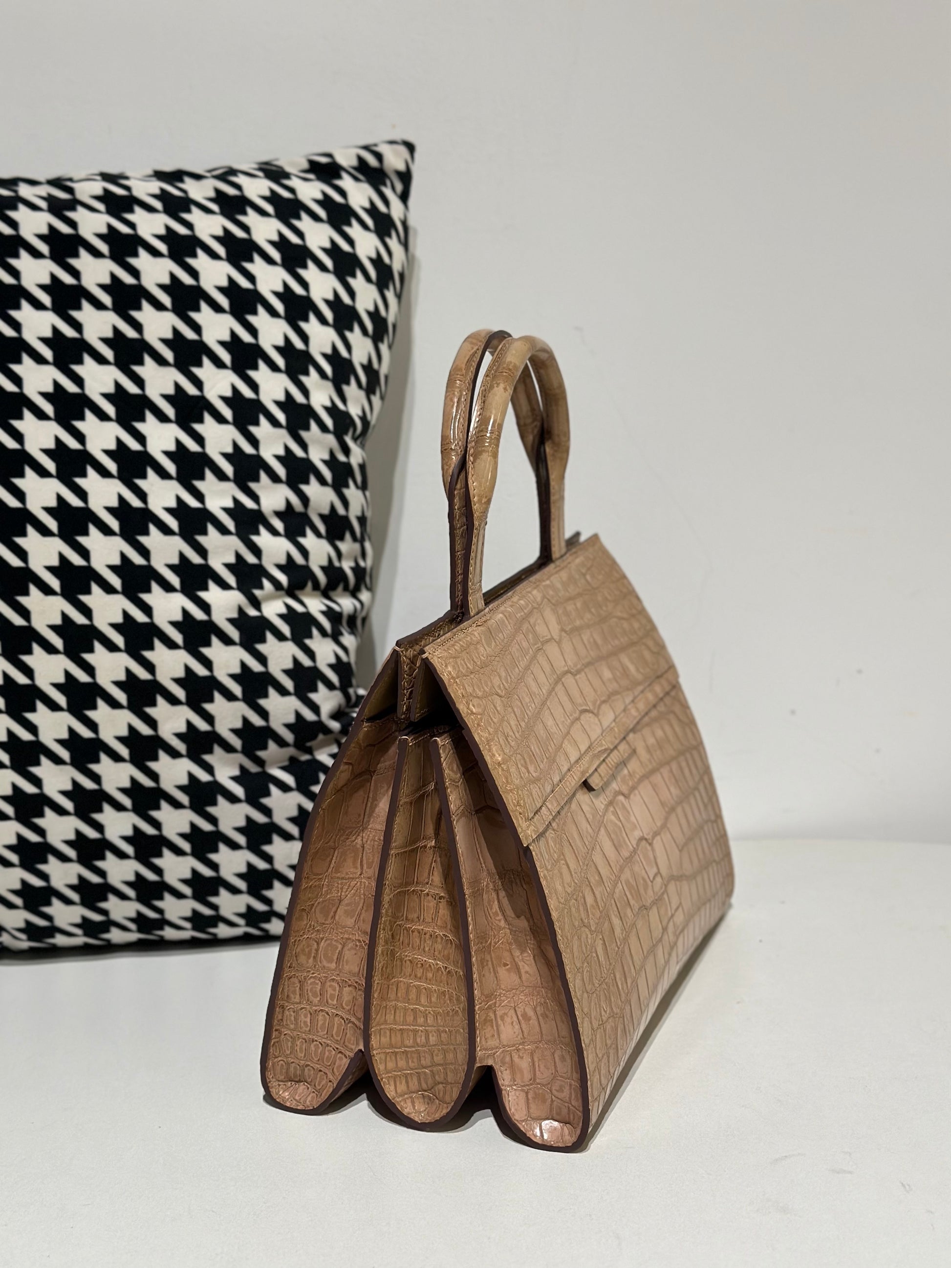 Crocodile Leather Top Handle Bag Beige