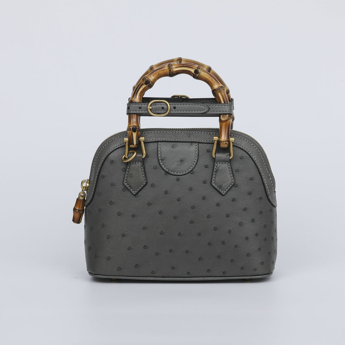 Ostrich Leather Mini Shell Bag Bamboo Handle Top Handle Cross Body Handbag