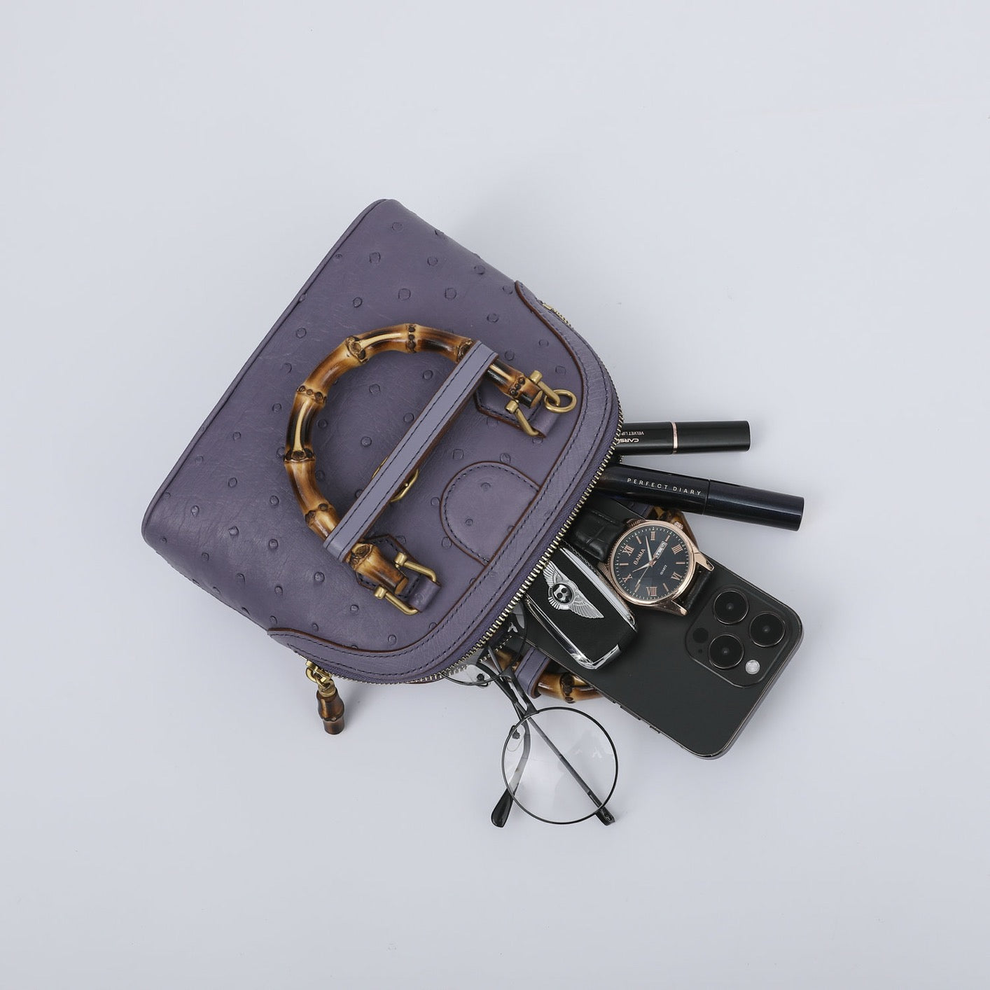 Ostrich Leather Mini Shell Bag Bamboo Handle Top Handle Cross Body Handbag