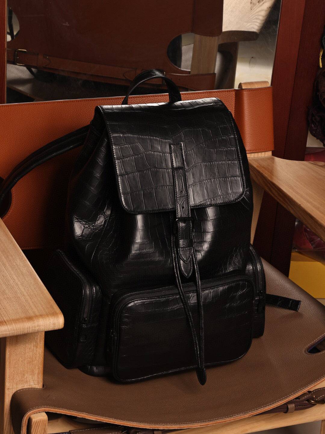 Unisex Black Crocodile Leather Backpack Small