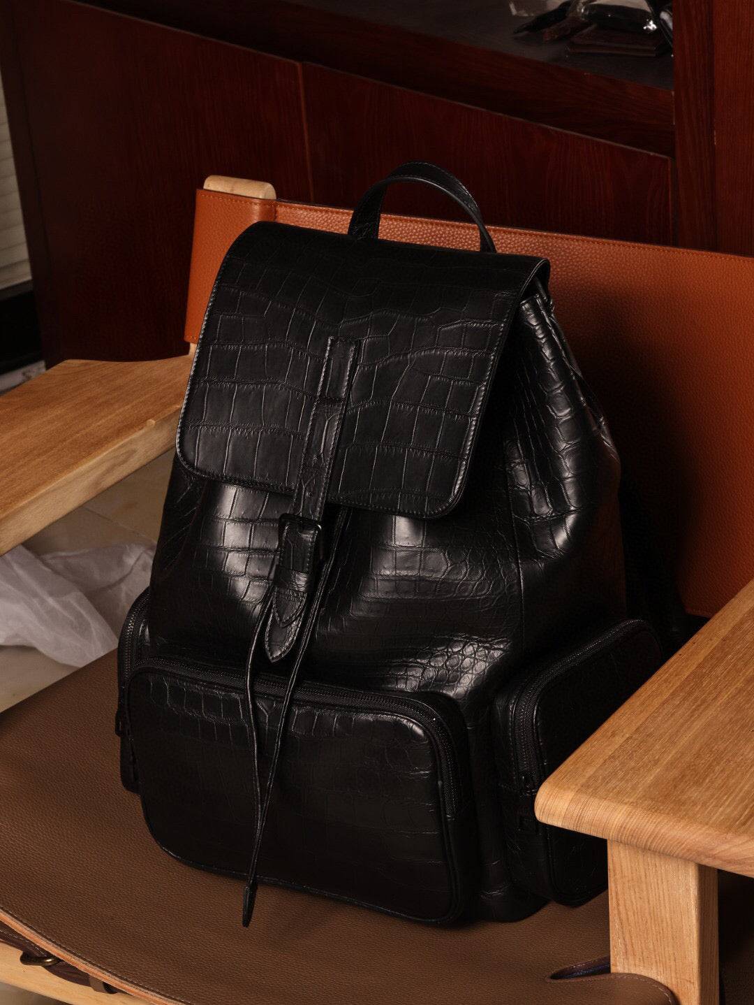 Unisex Black Crocodile Leather Backpack Small