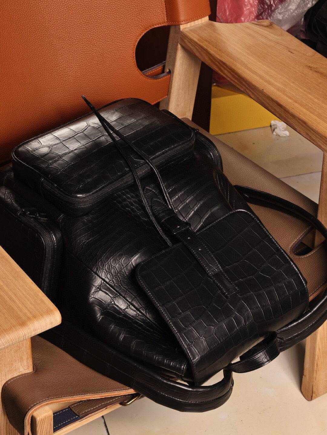 Unisex Black Crocodile Leather Backpack Small