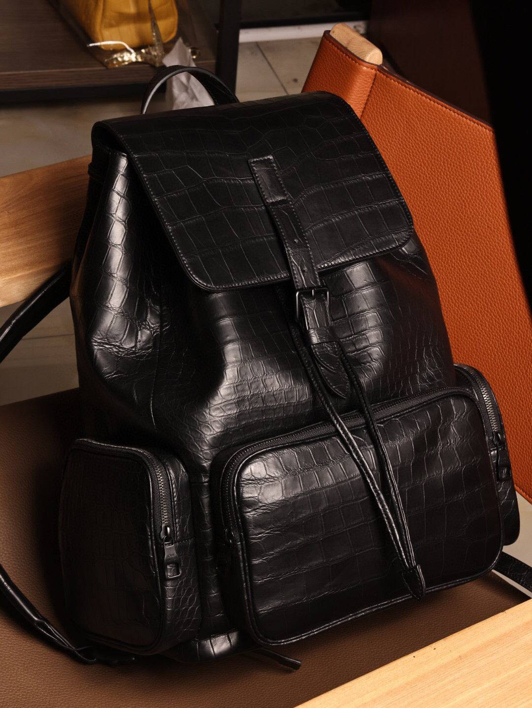 Unisex Black Crocodile Leather Backpack Small