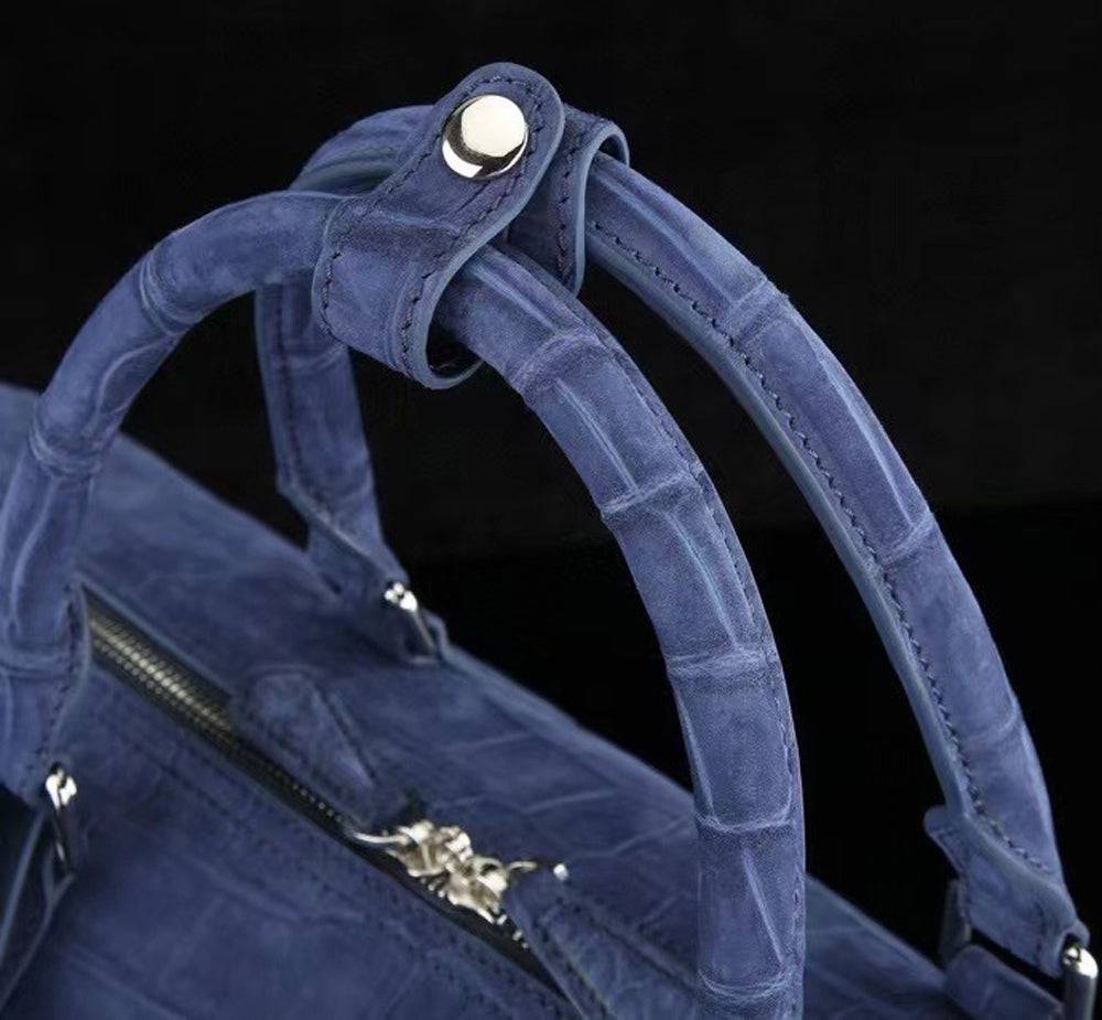 Men's Nubuck Crocodile Leather Large Travel Duffle Bag Dark Blue